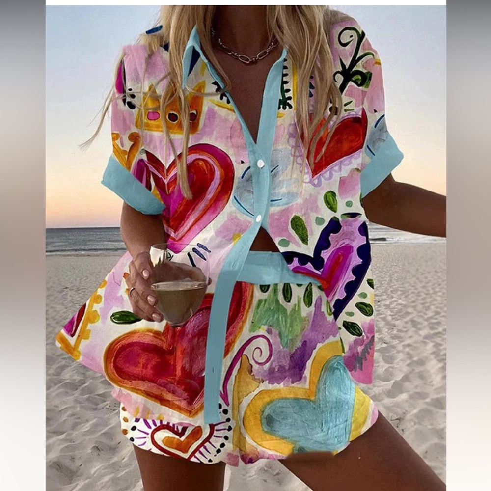 Colorful Heart Print Two-Piece Set